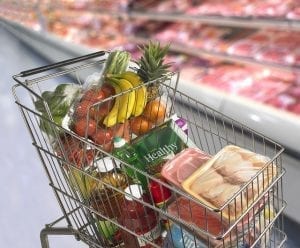 Shopping cart full of food; image by U.S. Dept. of Agriculture, Public domain, via Flickr.