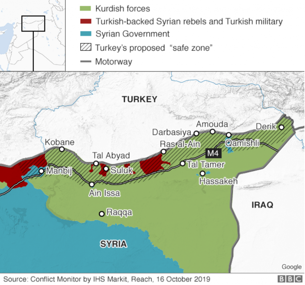 Map 1 &ndash; Erdoğan&rsquo;s proposed safe zone; https://www.bbc.com/news/world-middle-east-50117765.