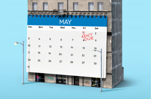 Apartment building with giant calendar on it, &ldquo;Rent Due&rdquo; in red ink on May 1; image by Morning Brew, via Unsplash.com.