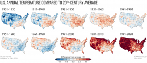 A series of outline maps of the continental United States, showing gradual and extreme warming over the last century or so.