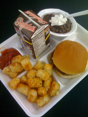 A classic school lunch with a hamburger, tater tots, ketchup, chocolate milk and chocolate pudding.