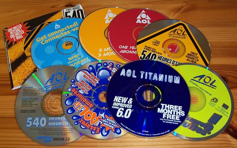 A colorful array of old AOL CD-ROMs.