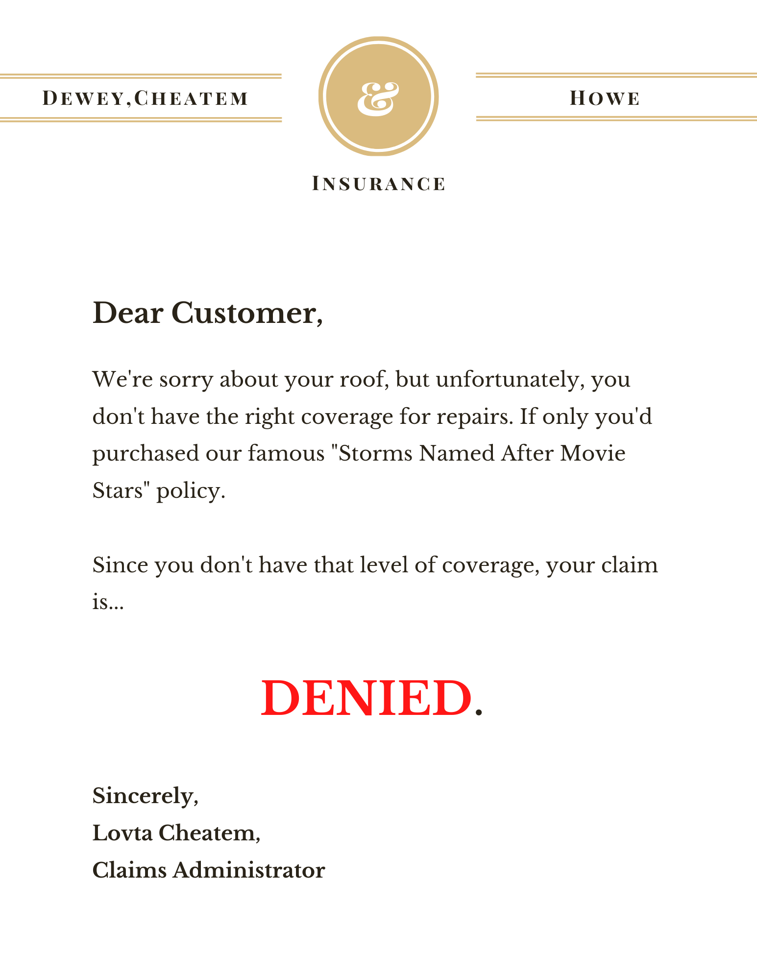 Claim denial letter; image by Jay W. Belle Isle.