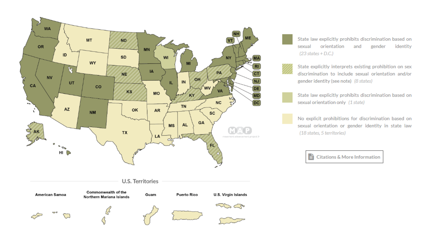 Movement Advancement Project. "Equality Maps: Housing Nondiscrimination Laws." https://www.lgbtmap.org/equality-maps/non_discrimination_laws/housing. Accessed 10/27/2022.