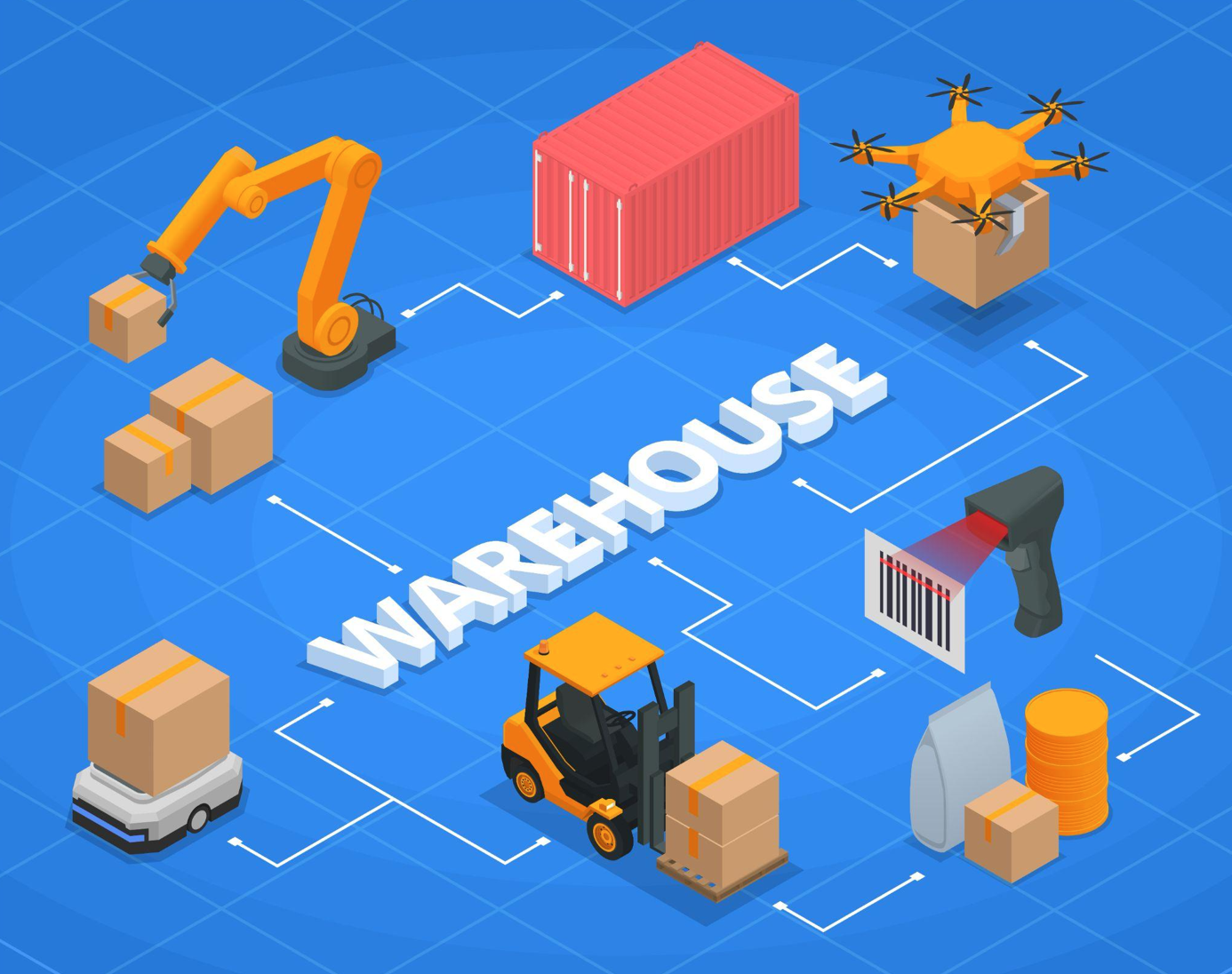 Graphic depicting automated warehouse with autonomous scanning, moving boxes, and drone delivery; image by Macrovector, via Freepik.com.